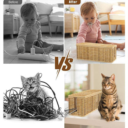 Desktop Cable Management Box with Cover Rattan Style Power Cord Organizer Case