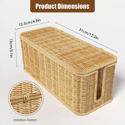 Desktop Cable Management Box with Cover Rattan Style Power Cord Organizer Case