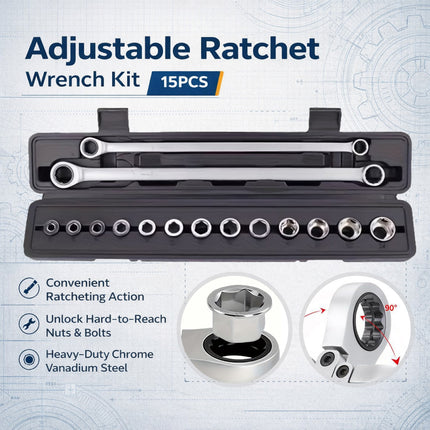 Extended Adj Ratchet Wrench Set 15pcs Socket Spanner Kit For Auto Diy Repair