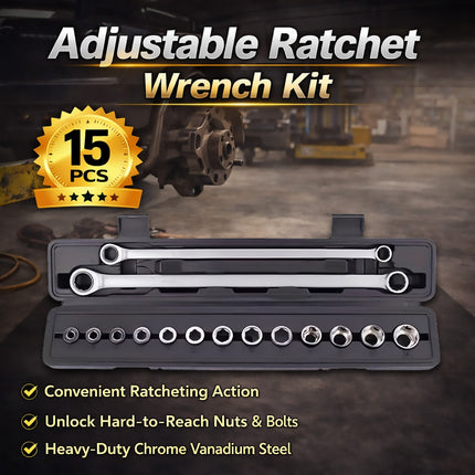 Extended Adj Ratchet Wrench Set 15pcs Socket Spanner Kit For Auto Diy Repair