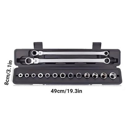 Extended Adj Ratchet Wrench Set 15pcs Socket Spanner Kit For Auto Diy Repair