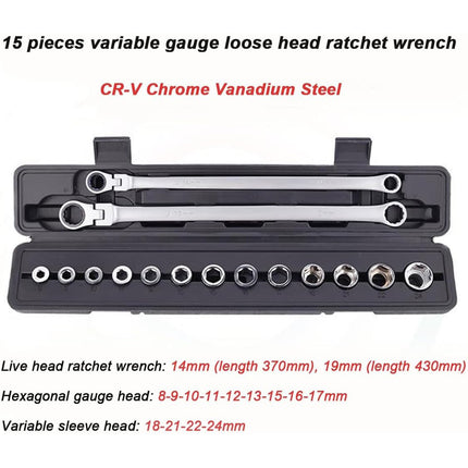 Extended Adj Ratchet Wrench Set 15pcs Socket Spanner Kit For Auto Diy Repair