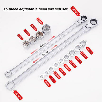 Extended Adj Ratchet Wrench Set 15pcs Socket Spanner Kit For Auto Diy Repair