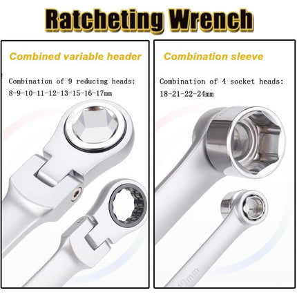 Extended Adj Ratchet Wrench Set 15pcs Socket Spanner Kit For Auto Diy Repair