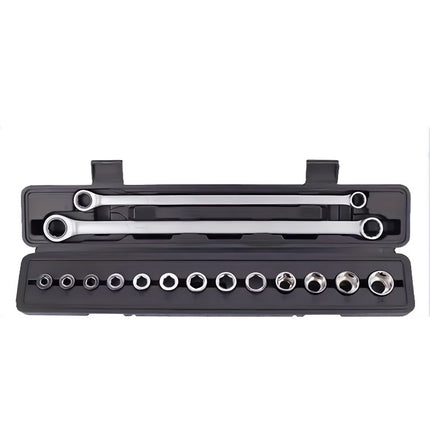 Extended Adj Ratchet Wrench Set 15pcs Socket Spanner Kit For Auto Diy Repair