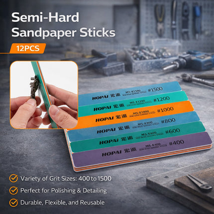 12PCS Semi Rigid Sandpaper Bar Polishing Grinding Stick Metal Wood Detail Use