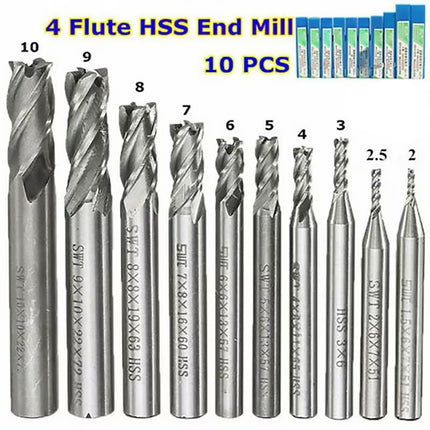 10Pcs HSS Straight Shank 4Flute Milling Cutter Set Metal Cutting Precision Tool
