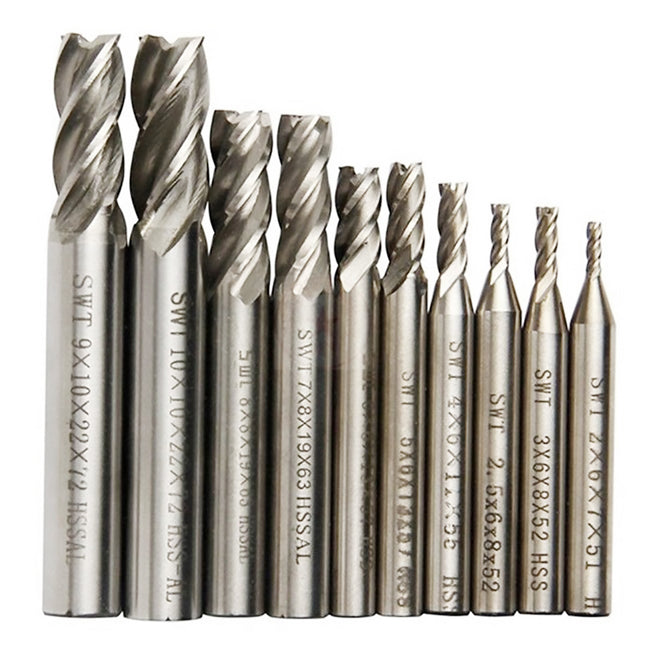 10Pcs HSS Straight Shank 4Flute Milling Cutter Set Metal Cutting Precision Tool