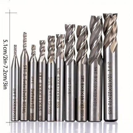 10Pcs HSS Straight Shank 4Flute Milling Cutter Set Metal Cutting Precision Tool