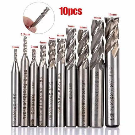 10Pcs HSS Straight Shank 4Flute Milling Cutter Set Metal Cutting Precision Tool
