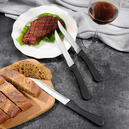 6pcs Stainless Steel Steak Knife Black Plastic Handle Cutlery For Kitchen Dining