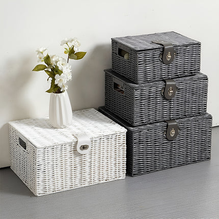 Rattan Storage Basket 3pcs Woven With Lid Natural Household Toys Snack Organizer