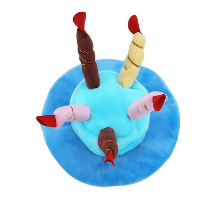 Pet Birthday Party Hat Plush Cake Design with Candles Blue or Pink for Dog Cat