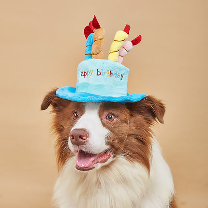 Pet Birthday Party Hat Plush Cake Design with Candles Blue or Pink for Dog Cat