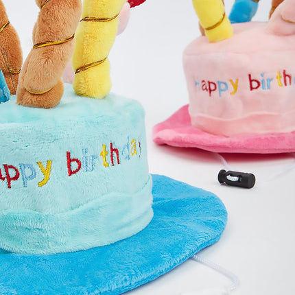 Pet Birthday Party Hat Plush Cake Design with Candles Blue or Pink for Dog Cat