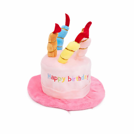 Pet Birthday Party Hat Plush Cake Design with Candles Blue or Pink for Dog Cat