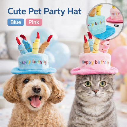 Pet Birthday Party Hat Plush Cake Design with Candles Blue or Pink for Dog Cat