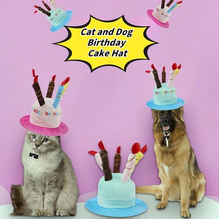 Pet Birthday Party Hat Plush Cake Design with Candles Blue or Pink for Dog Cat