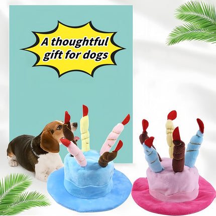 Pet Birthday Party Hat Plush Cake Design with Candles Blue or Pink for Dog Cat