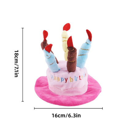 Pet Birthday Party Hat Plush Cake Design with Candles Blue or Pink for Dog Cat