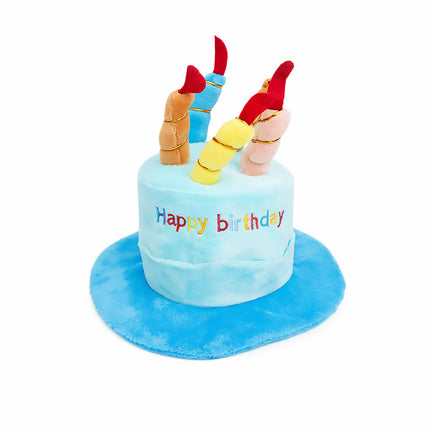 Pet Birthday Party Hat Plush Cake Design with Candles Blue or Pink for Dog Cat