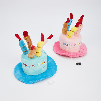 Pet Birthday Party Hat Plush Cake Design with Candles Blue or Pink for Dog Cat