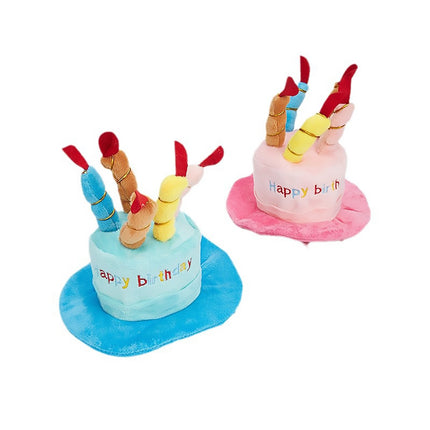 Pet Birthday Party Hat Plush Cake Design with Candles Blue or Pink for Dog Cat
