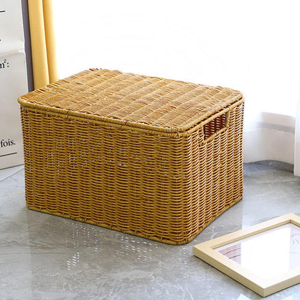 Storage Box Bedroom Organizer Faux Rattan Woven Basket with Lid Home