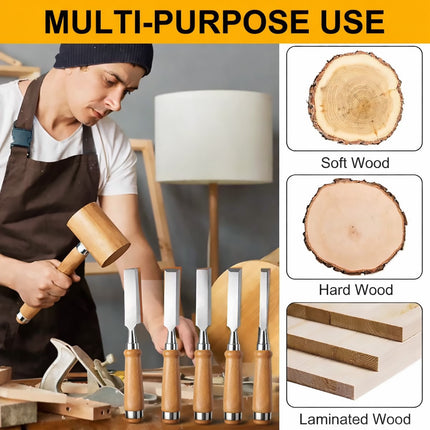 Wood Chisel Set 6 Piece Carving Tools Kit with Wood Box 6mm to 38mm Set
