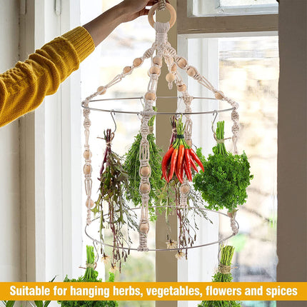 Handwoven Hanging Herb Spice Flower Drying Rack with Cotton Rope Wood Ring
