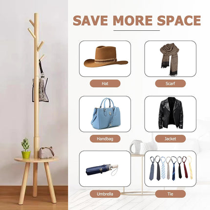 Floor-Standing Wooden Coat Rack with 8 Hooks Durable for Bedroom Entryway Use