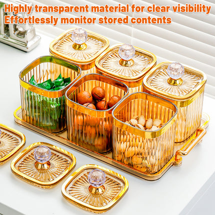 6PCS Sealed Storage Jar Set with Tray Amber Tinted Lids for Kitchen Pantry