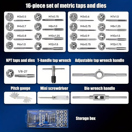 40PCS Metric Tap and Die Set M3-M12 Carbon Steel Tool Kit for Auto Repair Use