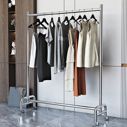 Stainless Steel Floor Standing Clothes Rack with Wheels Mobile Garment Rail