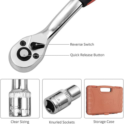 53Pcs 1/4 Inch Ratchet Scoket Wrench Spanner Set Quick Release for Car Repair