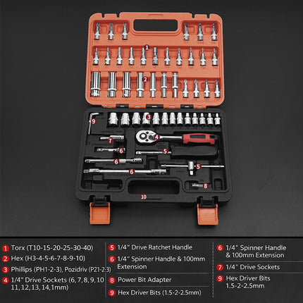 53Pcs 1/4 Inch Ratchet Scoket Wrench Spanner Set Quick Release for Car Repair