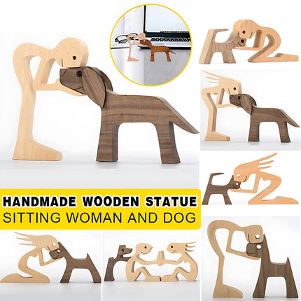 Handmade Wooden Statue Sitting Family and Dog Craft Home Decor