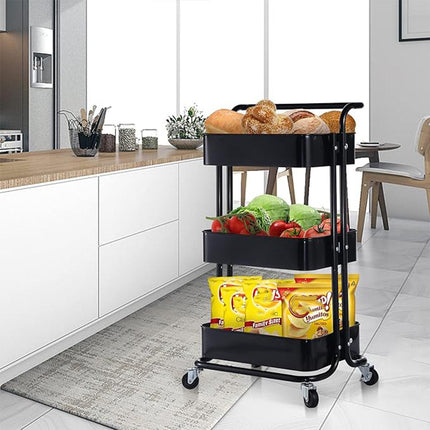 3Tier Trolley Shelf Organiser with Wheels Removable Storage Cart for Home Office