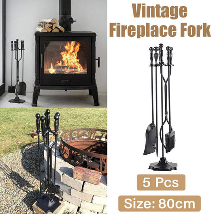 5PCS Grillz Fireplace Tool Set Fire Place Tools Poker Brush Shovel Stand Tongs