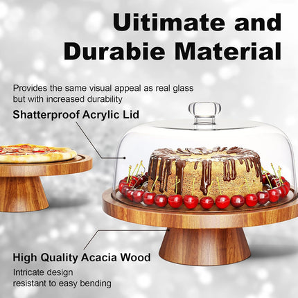Natural Acacia Wood Cake Stand Clear Dome Lid Serving Dessert Tray Non Slip Base