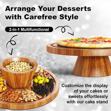 Natural Acacia Wood Cake Stand Clear Dome Lid Serving Dessert Tray Non Slip Base