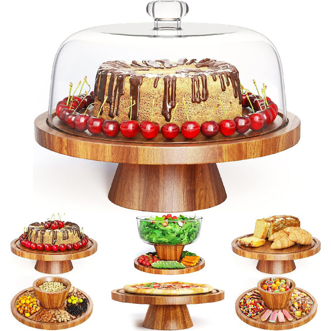 Natural Acacia Wood Cake Stand Clear Dome Lid Serving Dessert Tray Non Slip Base