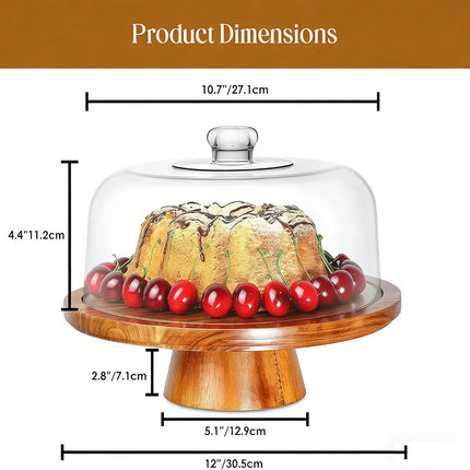 Natural Acacia Wood Cake Stand Clear Dome Lid Serving Dessert Tray Non Slip Base