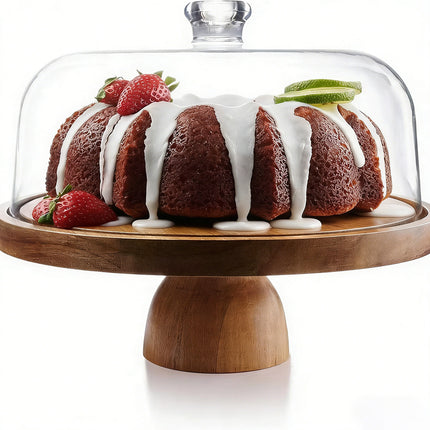 Natural Acacia Wood Cake Stand Clear Dome Lid Serving Dessert Tray Non Slip Base