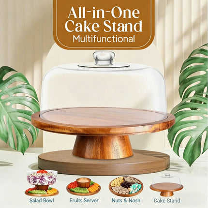 Natural Acacia Wood Cake Stand Clear Dome Lid Serving Dessert Tray Non Slip Base