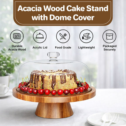 Natural Acacia Wood Cake Stand Clear Dome Lid Serving Dessert Tray Non Slip Base