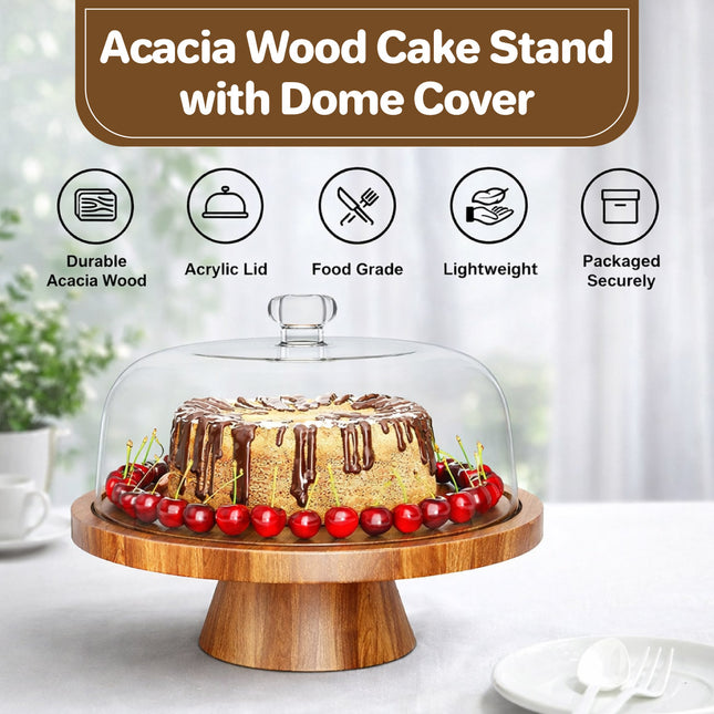 Natural Acacia Wood Cake Stand Clear Dome Lid Serving Dessert Tray Non Slip Base