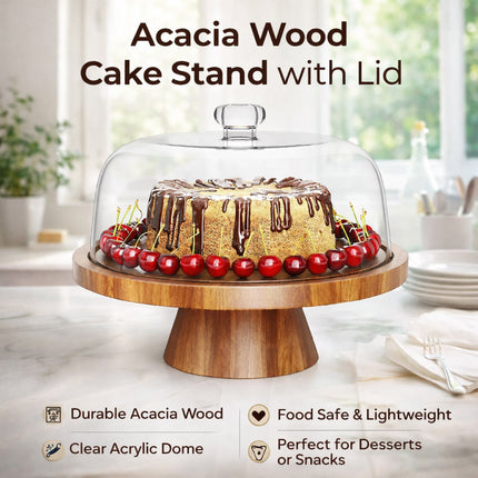 Natural Acacia Wood Cake Stand Clear Dome Lid Serving Dessert Tray Non Slip Base