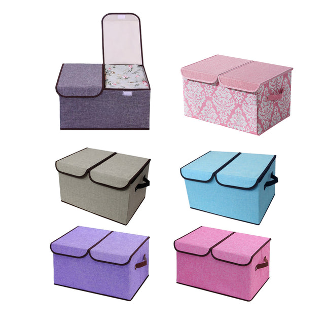 Large Foldable Cotton Linen Double Lid Storage Box Clothing Organizer for Dormitory