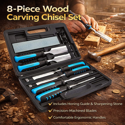 8Pcs Chrome Vanadium Steel Woodworking Tools Set In Storage Case DIY Workshop